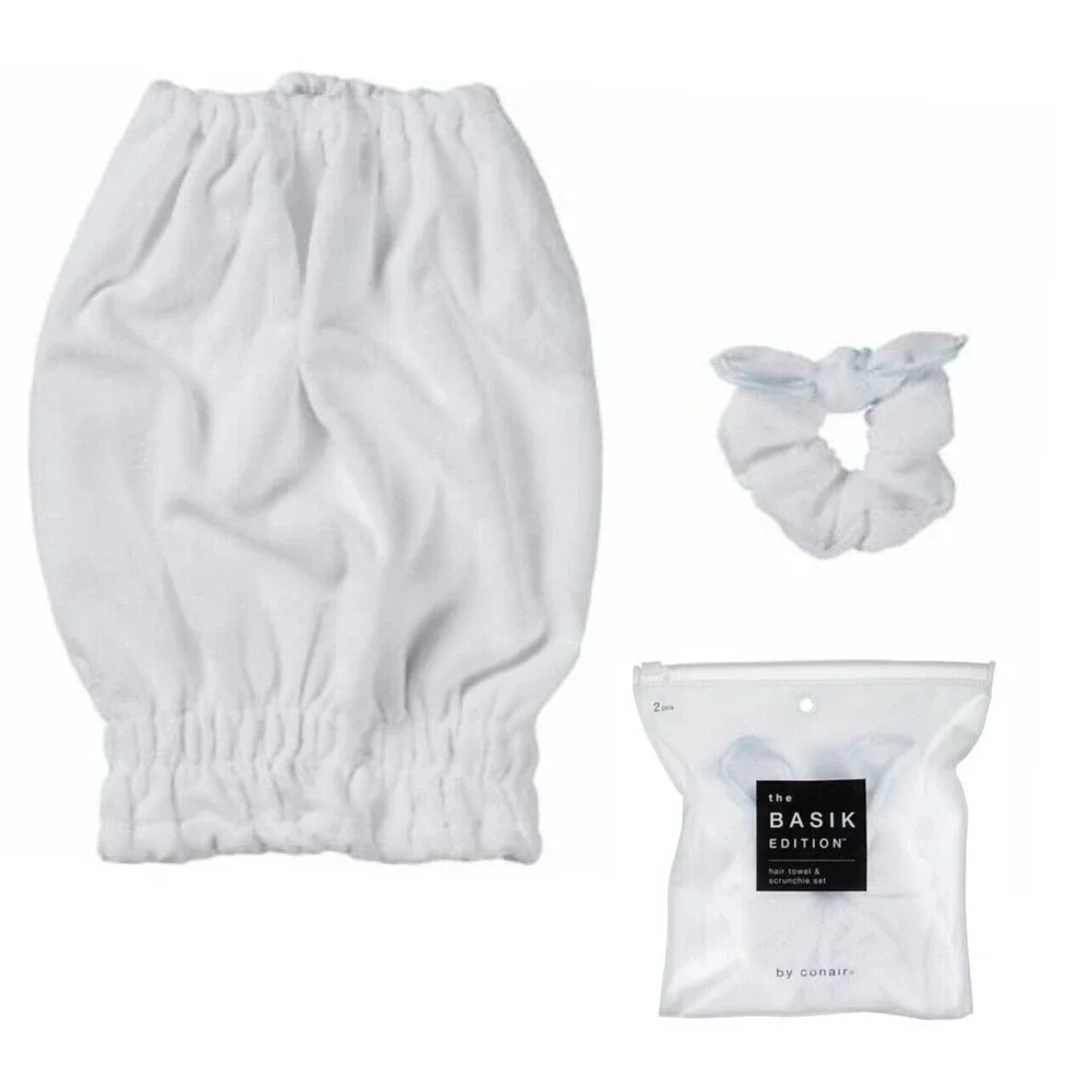Conair Hair Towel and Scrunchie Set Basik Edition White Microfiber